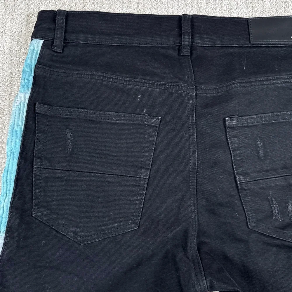 Amiri Mens 32x30 Black Distressed Side Stripe Zip Skinny Denim Jeans Made USA